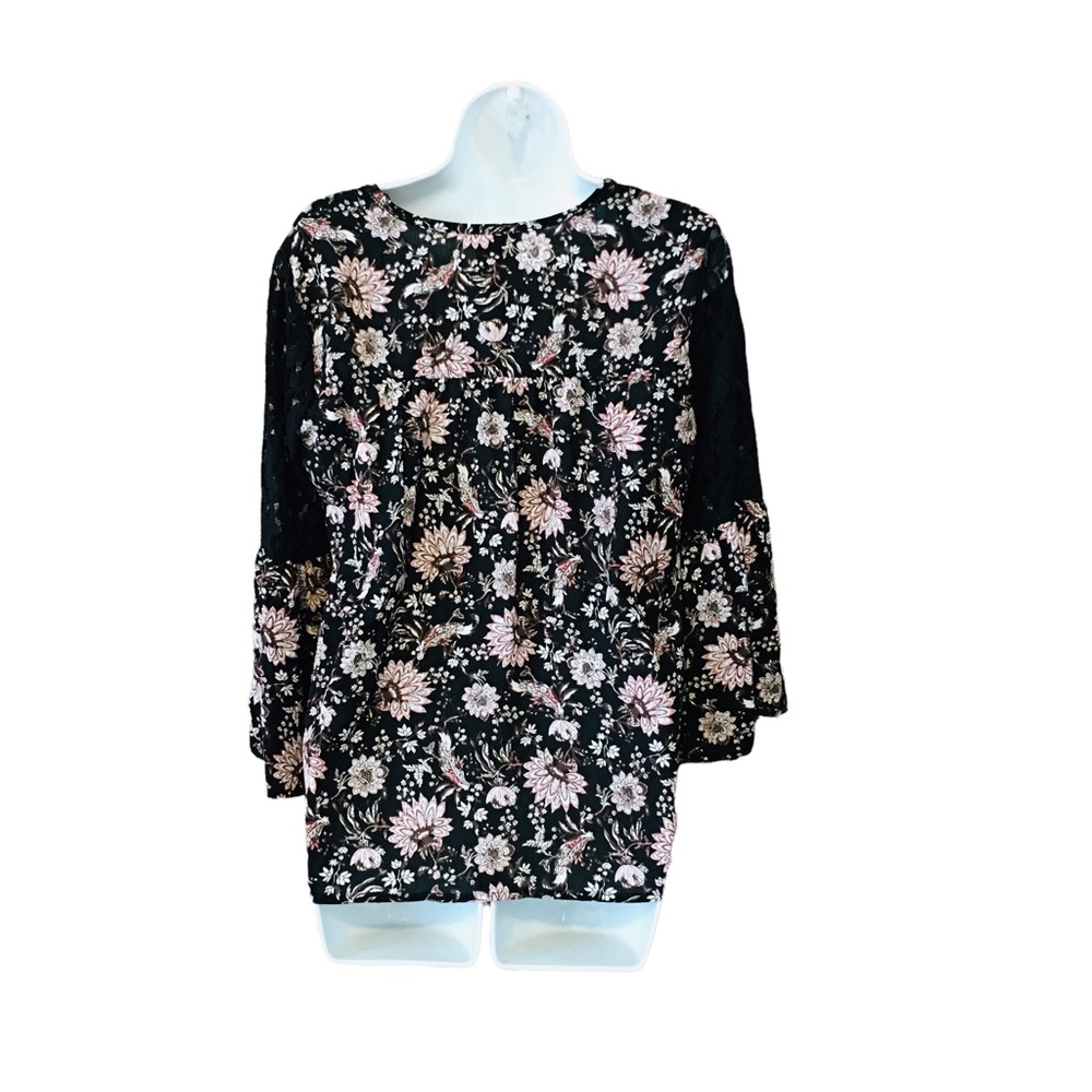 KNOX ROSE Boho Bell Sleeve Black Pink Floral Lace Button Down Top Women’s Small - Picture 8 of 14